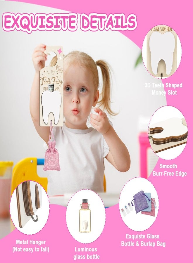 AINBIN Tooth Fairy Door Hanger, Tooth Fairy Tooth Holder Kit with Money Slot Keepsake Bottle Burlap Pouch & Upgrade Night Light, Wooden Encourage Gift for Kids Children Boys Girls Lost Teeth (Pink) - Image 3